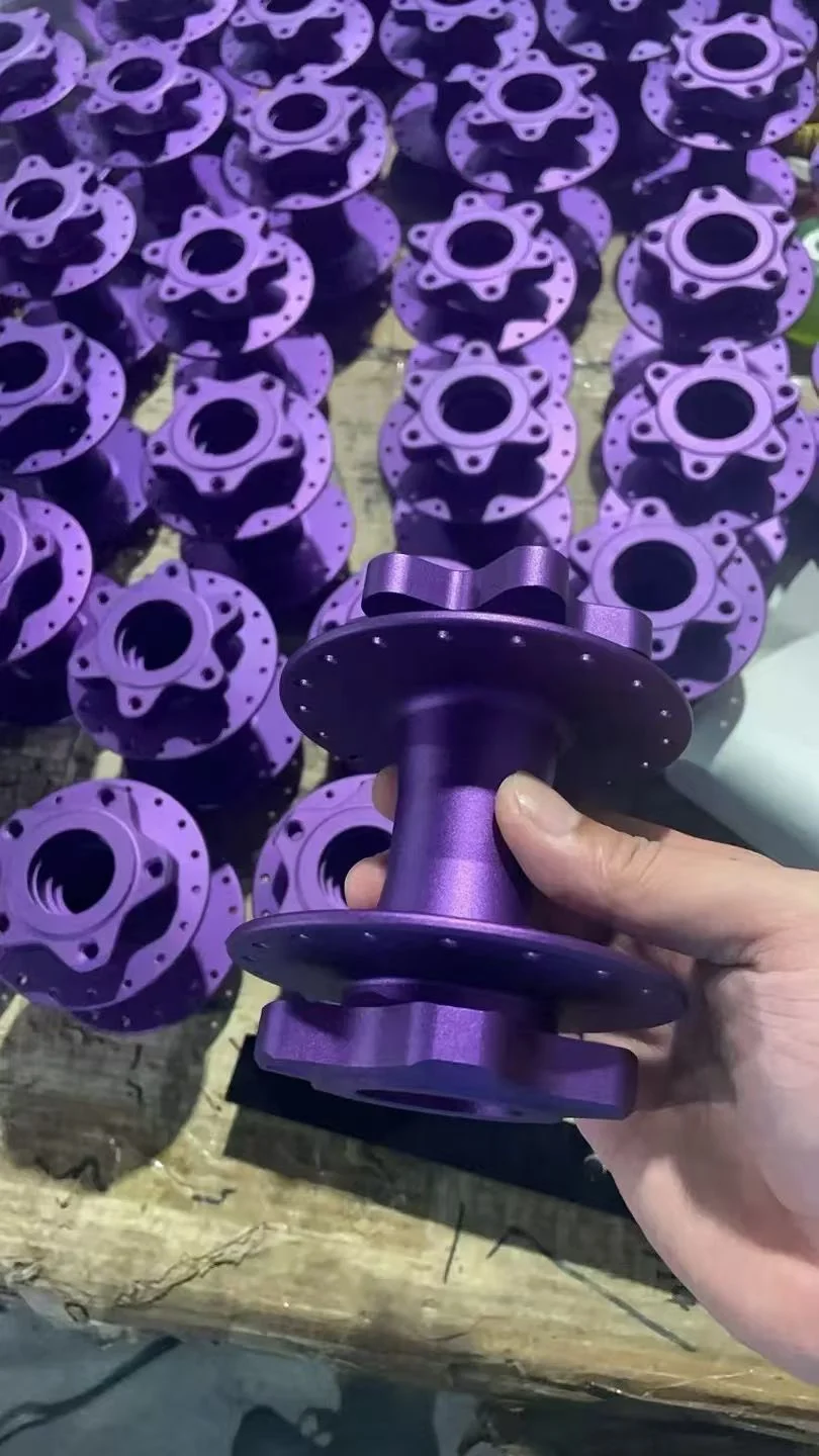 Purple anodised CNC-machined hubs
